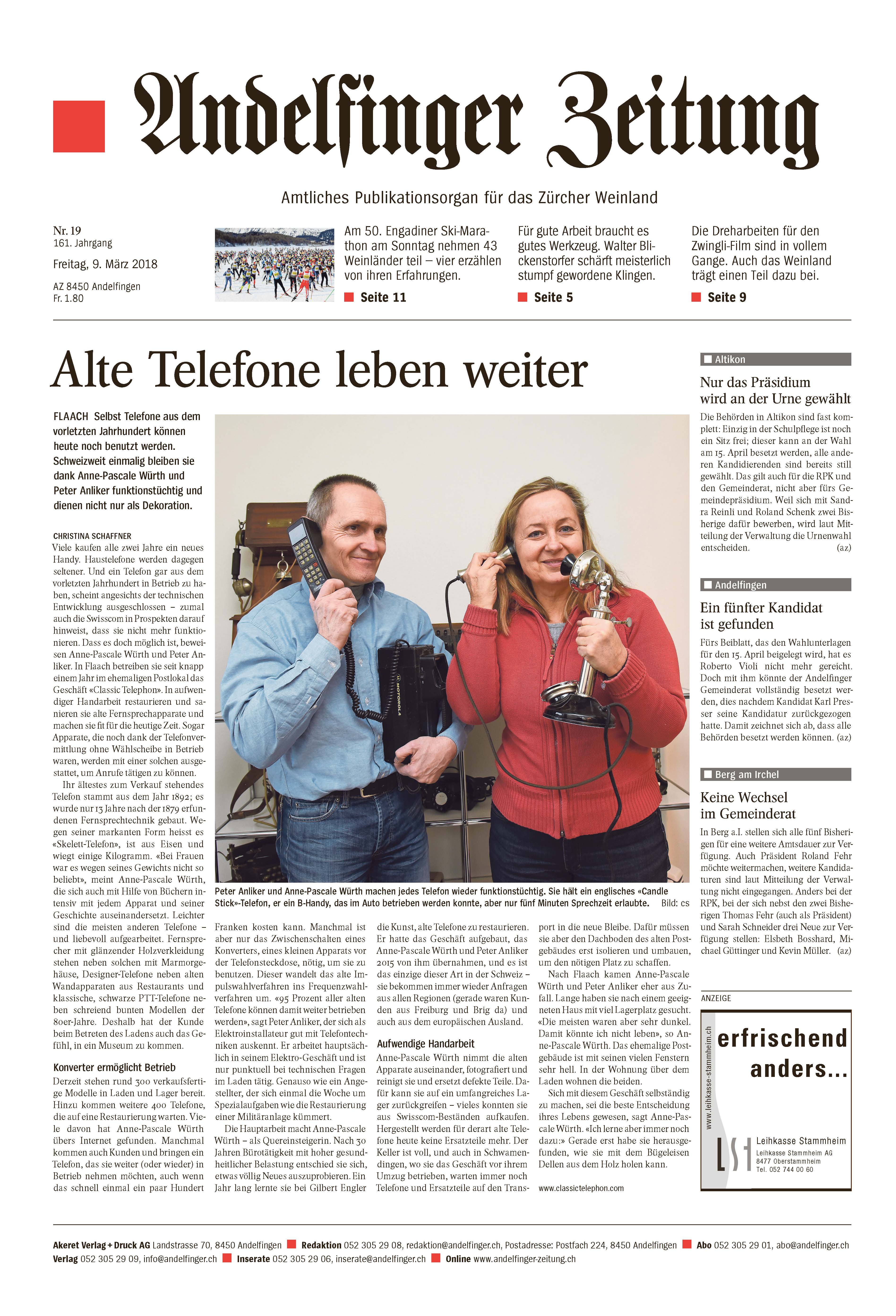 Classic Telephon GmbH in der Andelfinger Zeitung